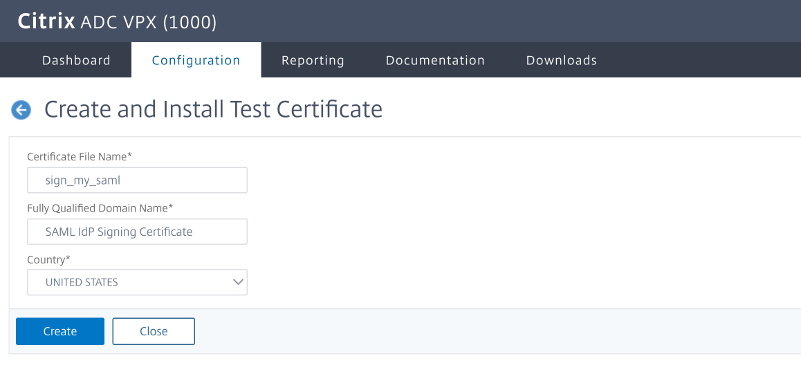 Citrix AD Create and Install Test Certificate interface with file name, domain name, and country