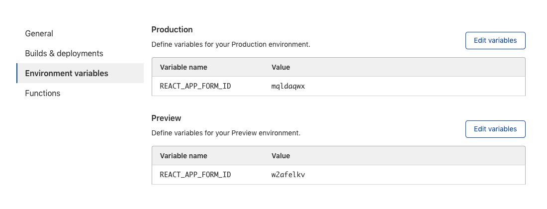 Edit option for environment variables in your Production and Preview environments