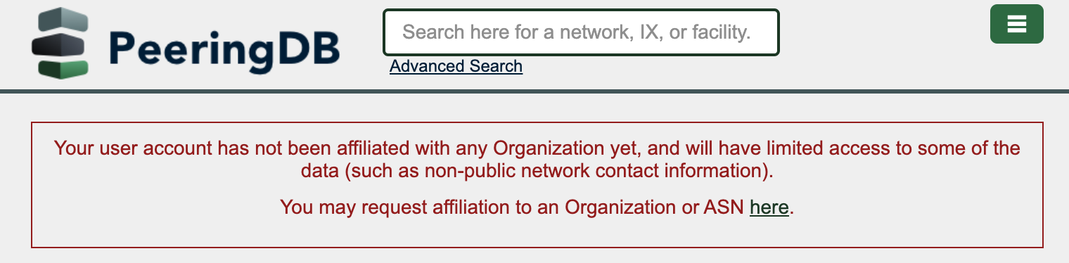 Error message about missing organization affiliation