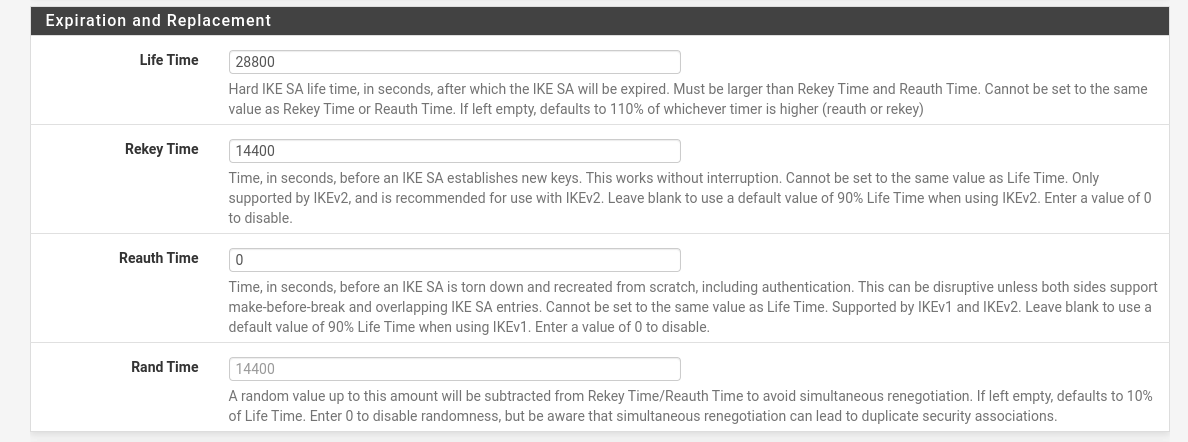 pfSense IPsec phase 1 expiration and replacement values for a policy based configuration