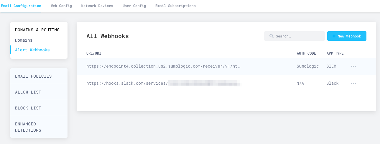 Your Sumo Logic webhook will display in the All Webhooks panel.