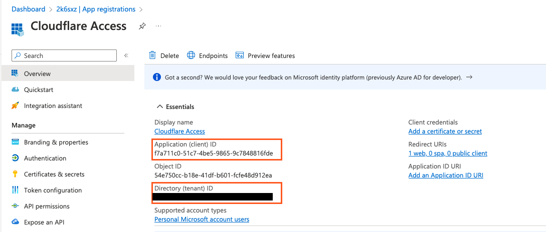 Viewing the Application ID and Directory ID in Azure