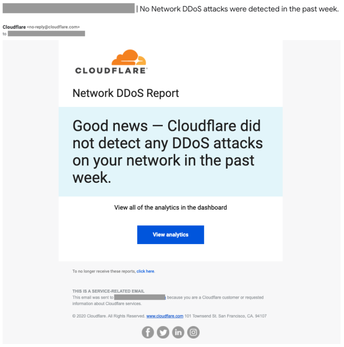 Example report email sent when Cloudflare does not detect any DDoS attack in the previous week