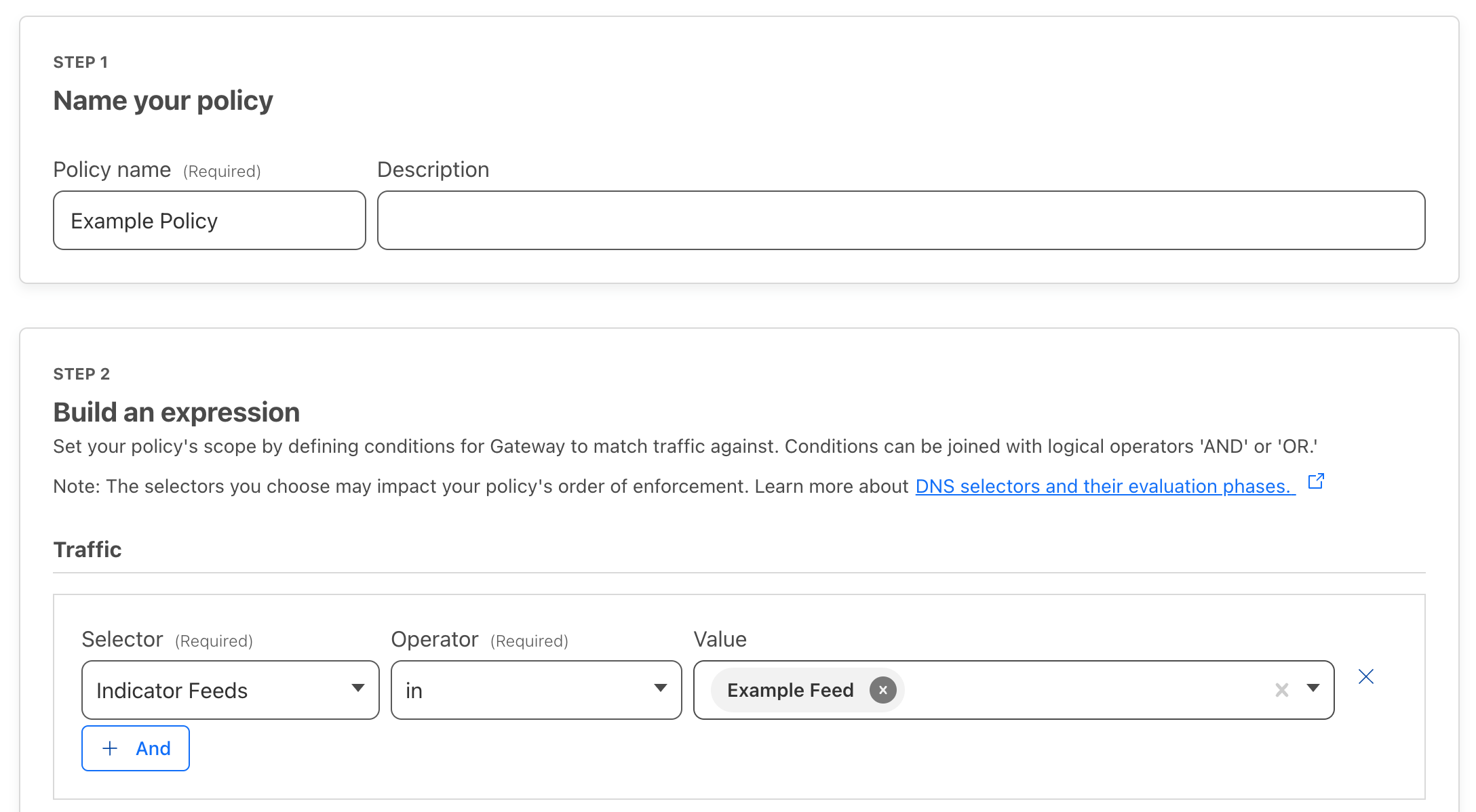 Example of creating a Gateway DNS policy rule with Custom Indicator Feeds