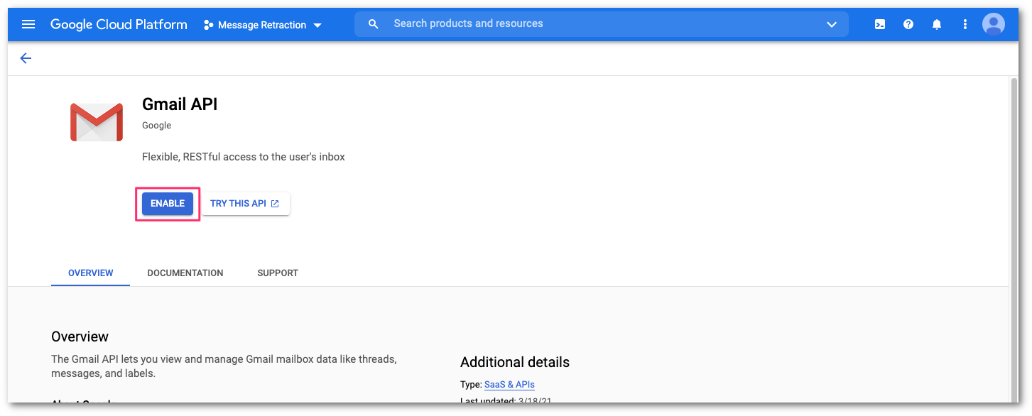 Select Enable to enable the Gmail API