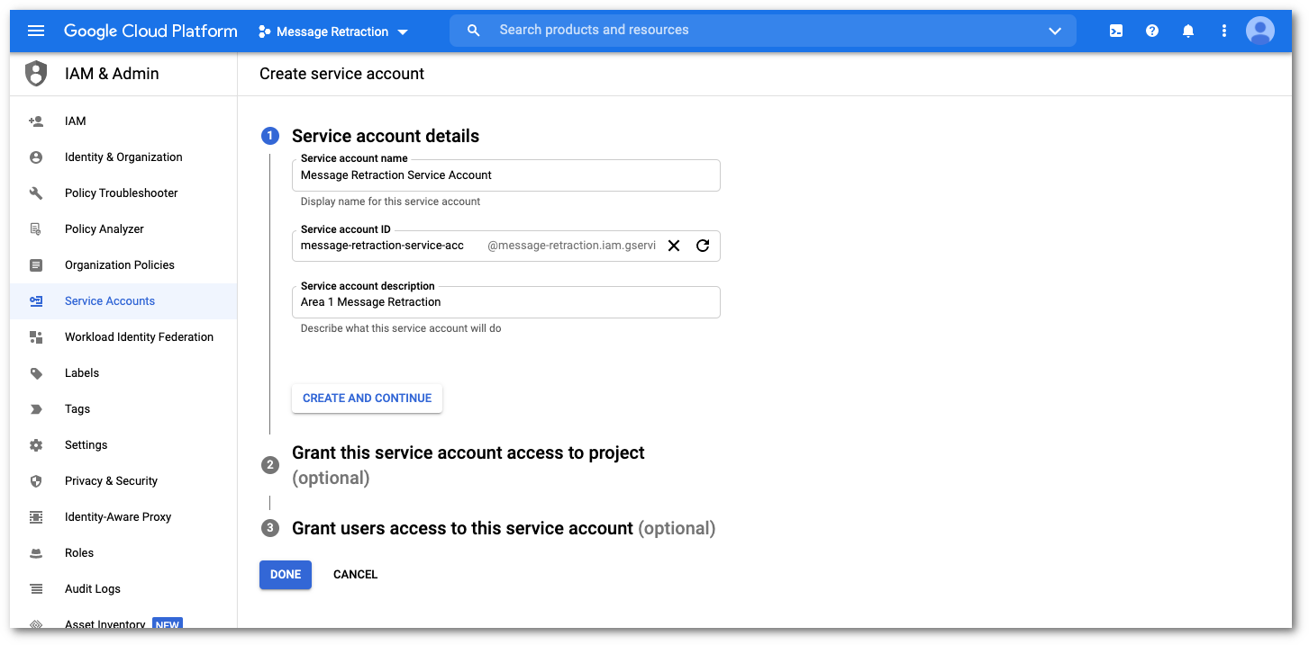 Provide the details to create the service account