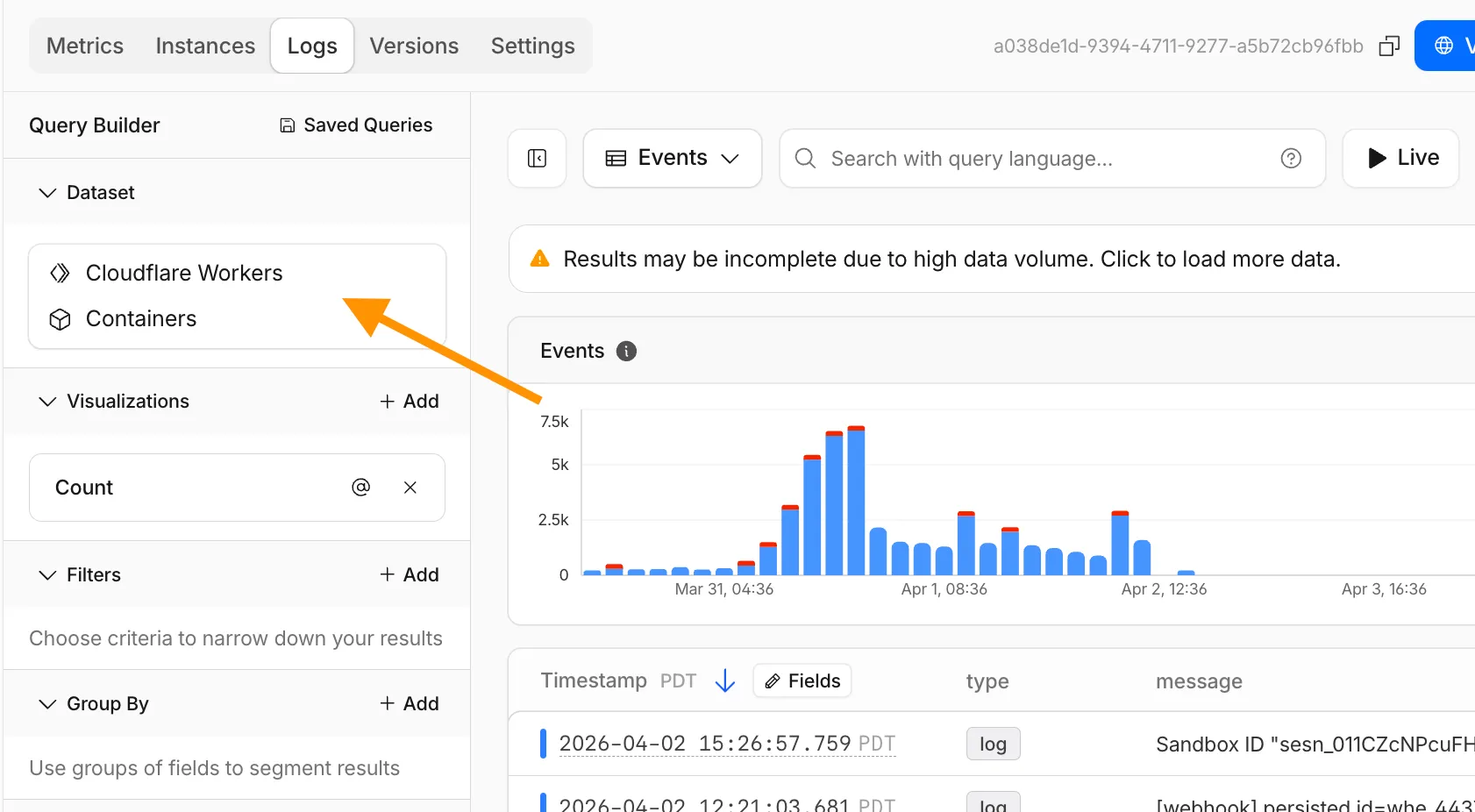 Container logs page showing Worker and Durable Object logs alongside container logs
