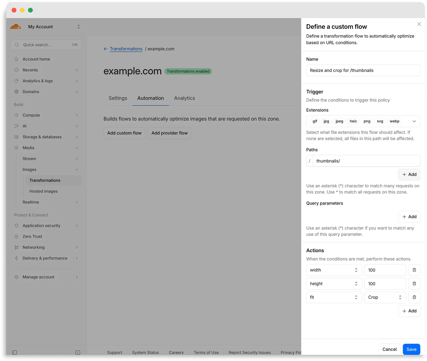 Custom flow configuration panel