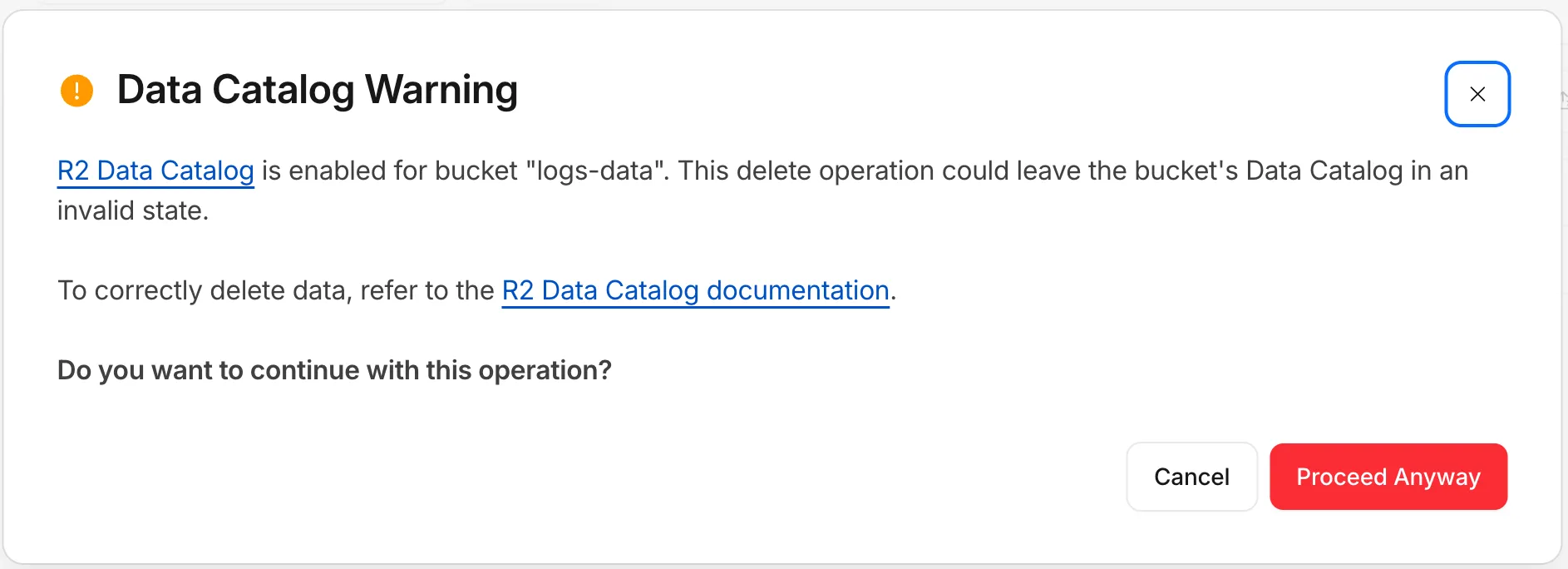 R2 dashboard warning shown before deleting objects from a Data Catalog-enabled bucket
