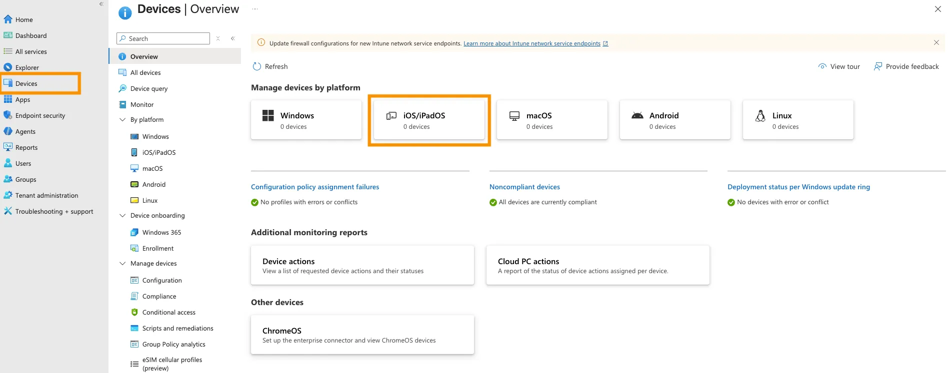 Intune admin console where you select iOS/iPadOS before creating a policy