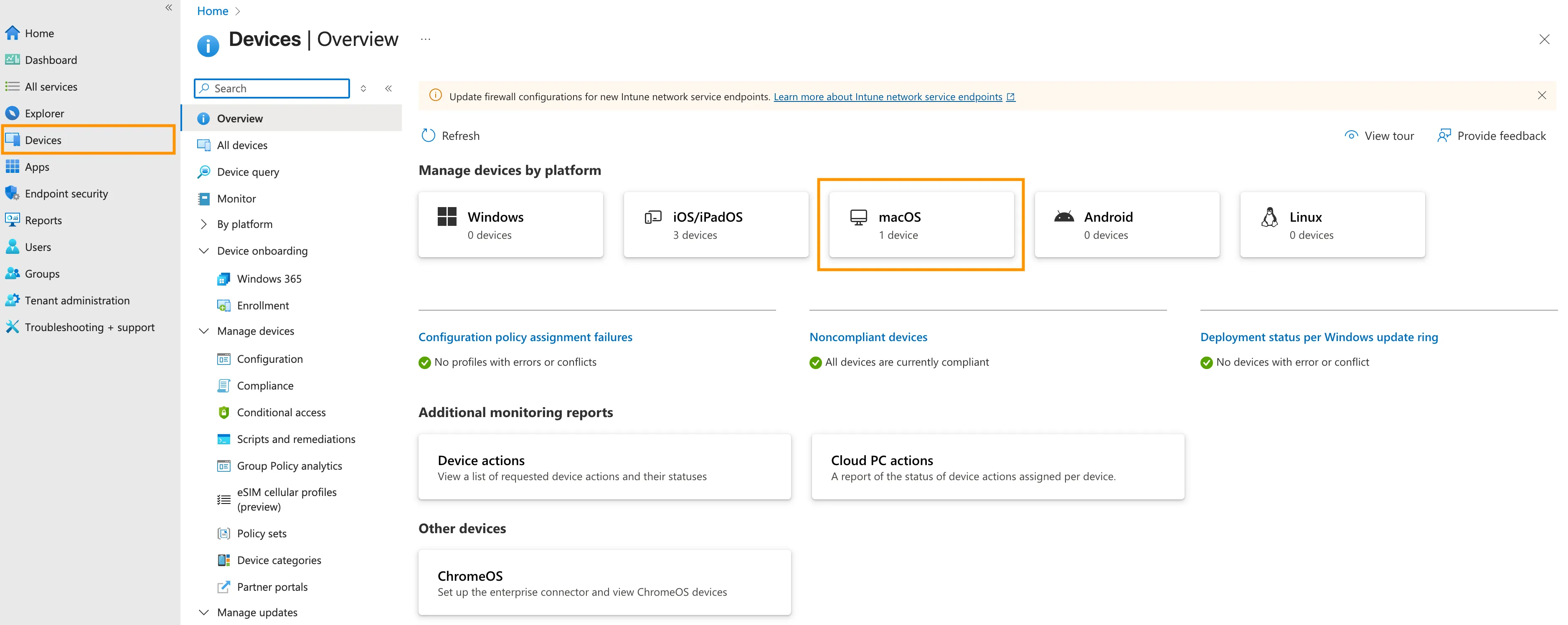 Intune admin console where you select macOS before creating a policy