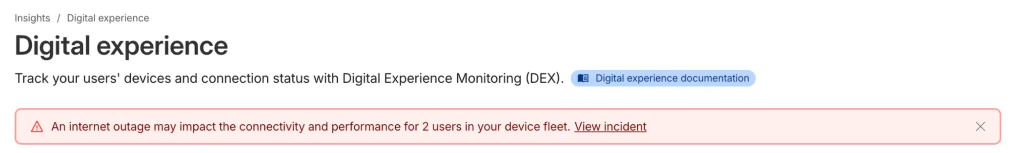 Digital Experience Monitoring dashboard notification for Internet outage impacting Cloudflare One Client devices