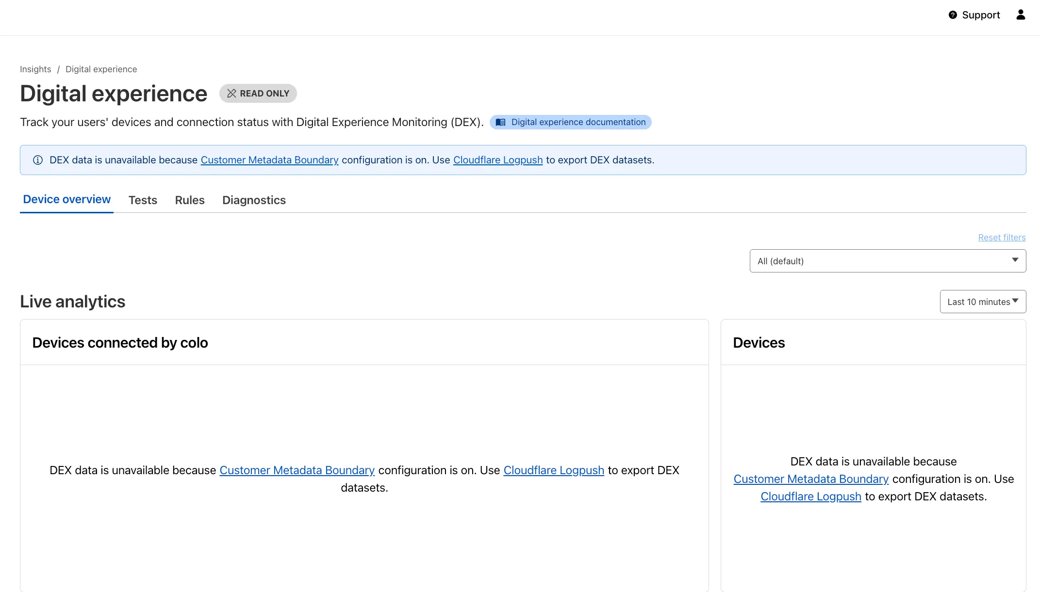 Digital Experience Monitoring - DEX Supports EU Customer Metadata Boundary 6 Digital Experience Monitoring message when Customer Metadata Boundary for the EU is enabled