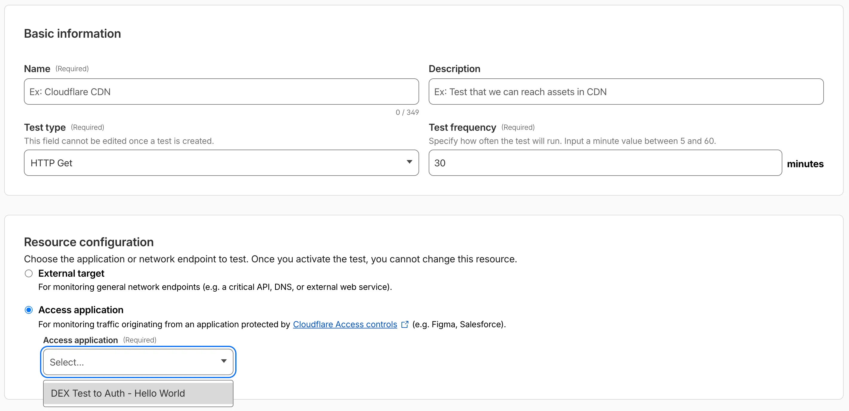 Digital experience test configuration for Cloudflare Access applications
