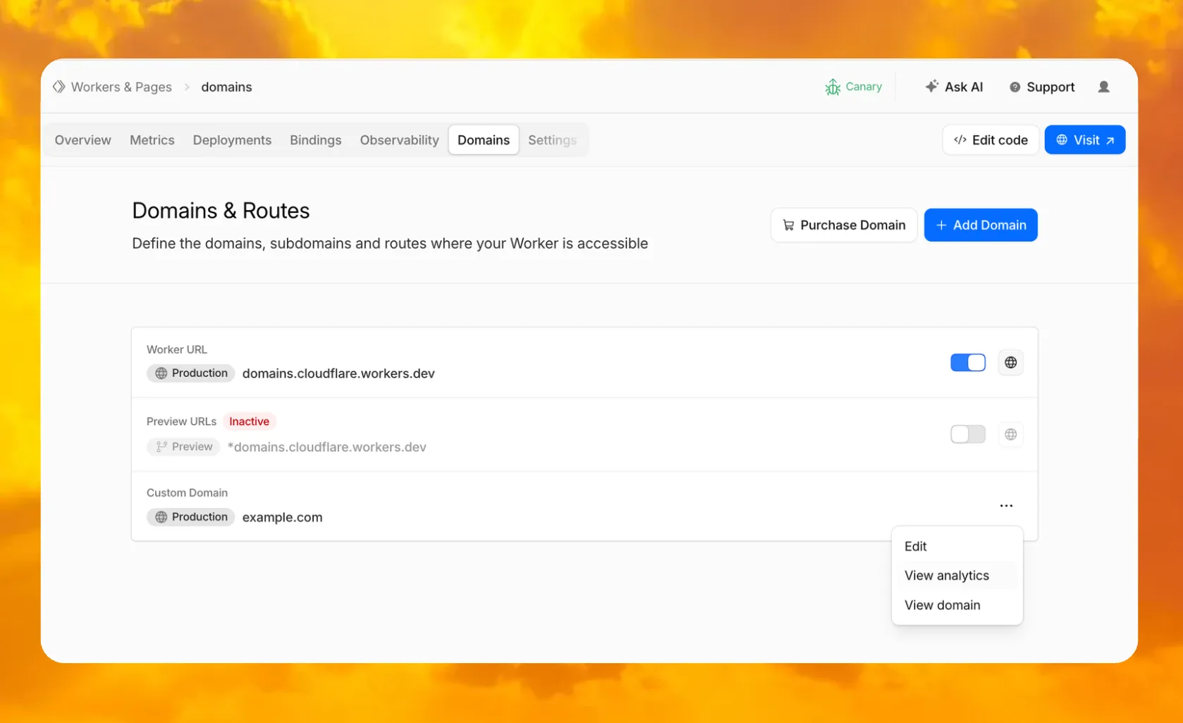 The new Domains tab in the Workers dashboard
