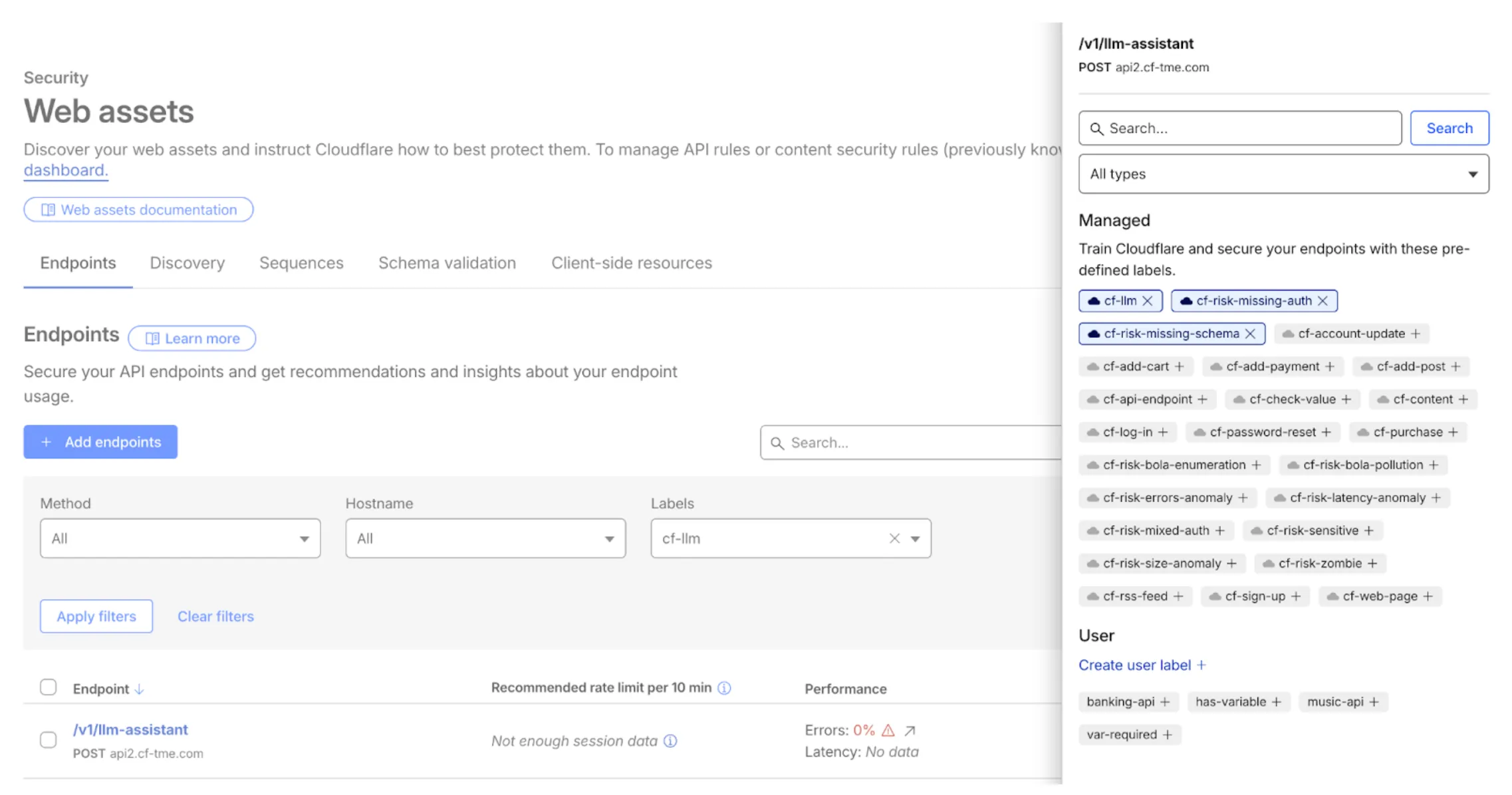 Figure 18: LLM discovery and auto labeling of API endpoint security risks The Cloudflare dashboard showing an endpoint that was automatically labelled with "cf-llm", "cf-risk-missing-auth", and "cf-risk-missing-schema"