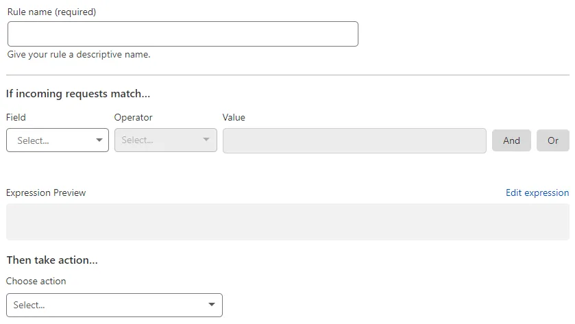 Custom rule creation page in the Cloudflare dashboard
