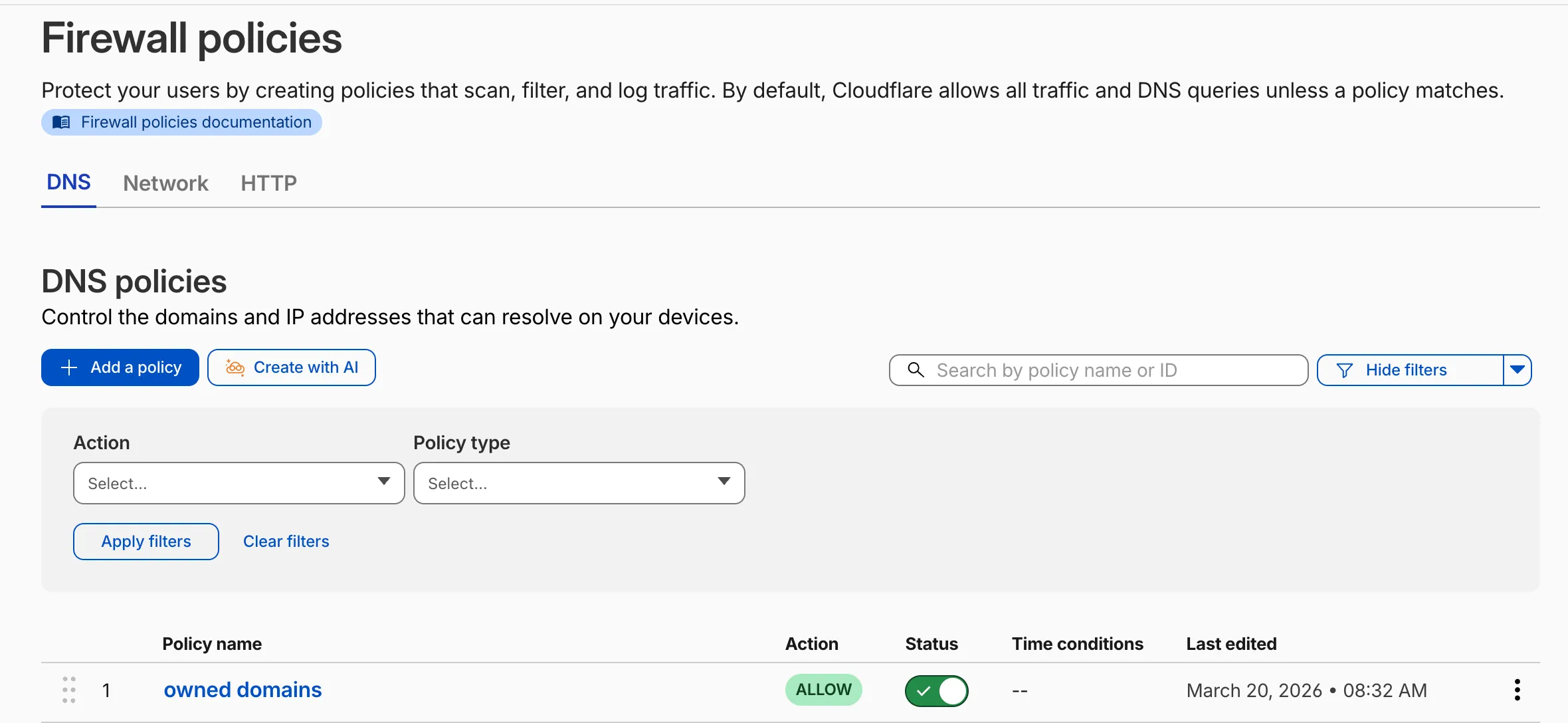 Create with AI button on the Gateway firewall policies page