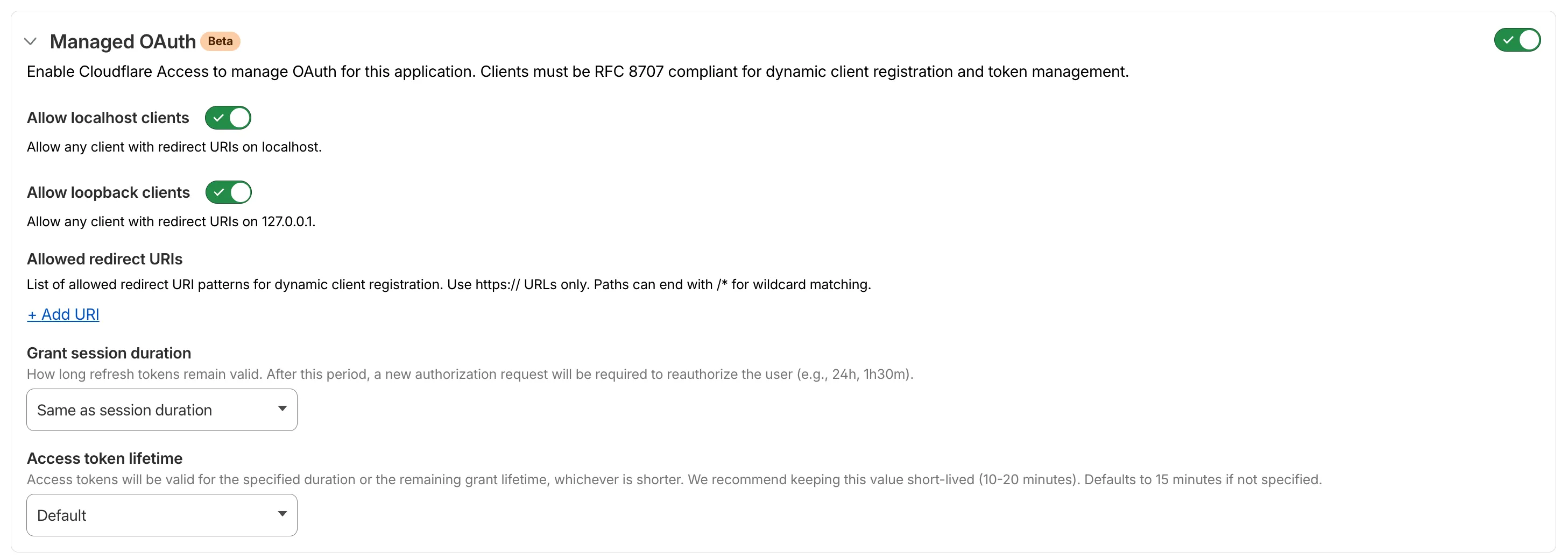 Managed OAuth settings in the Cloudflare dashboard