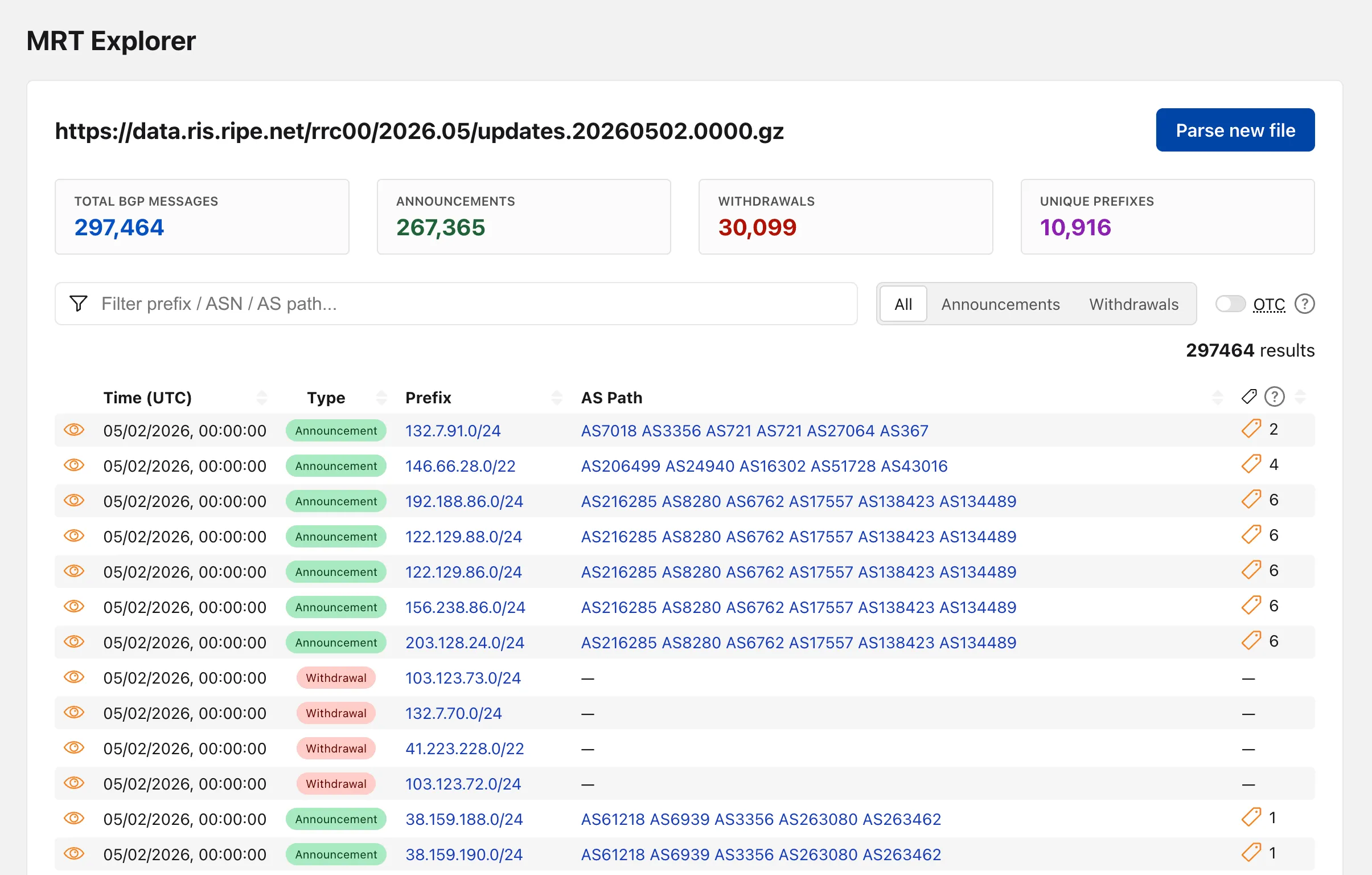 Screenshot of the MRT Explorer event list