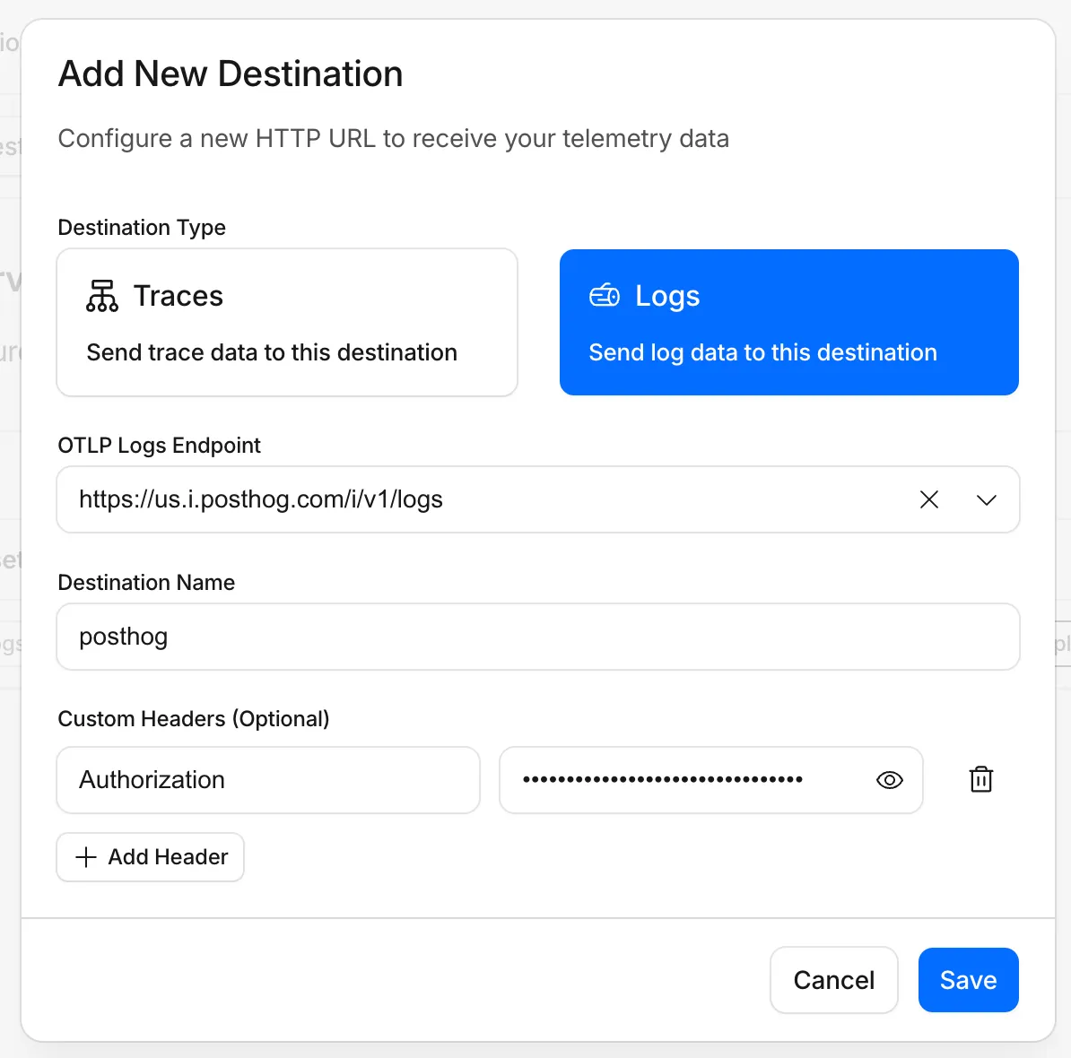 Cloudflare destination configuration for PostHog logs with destination name, type selection, OTLP endpoint, and custom headers