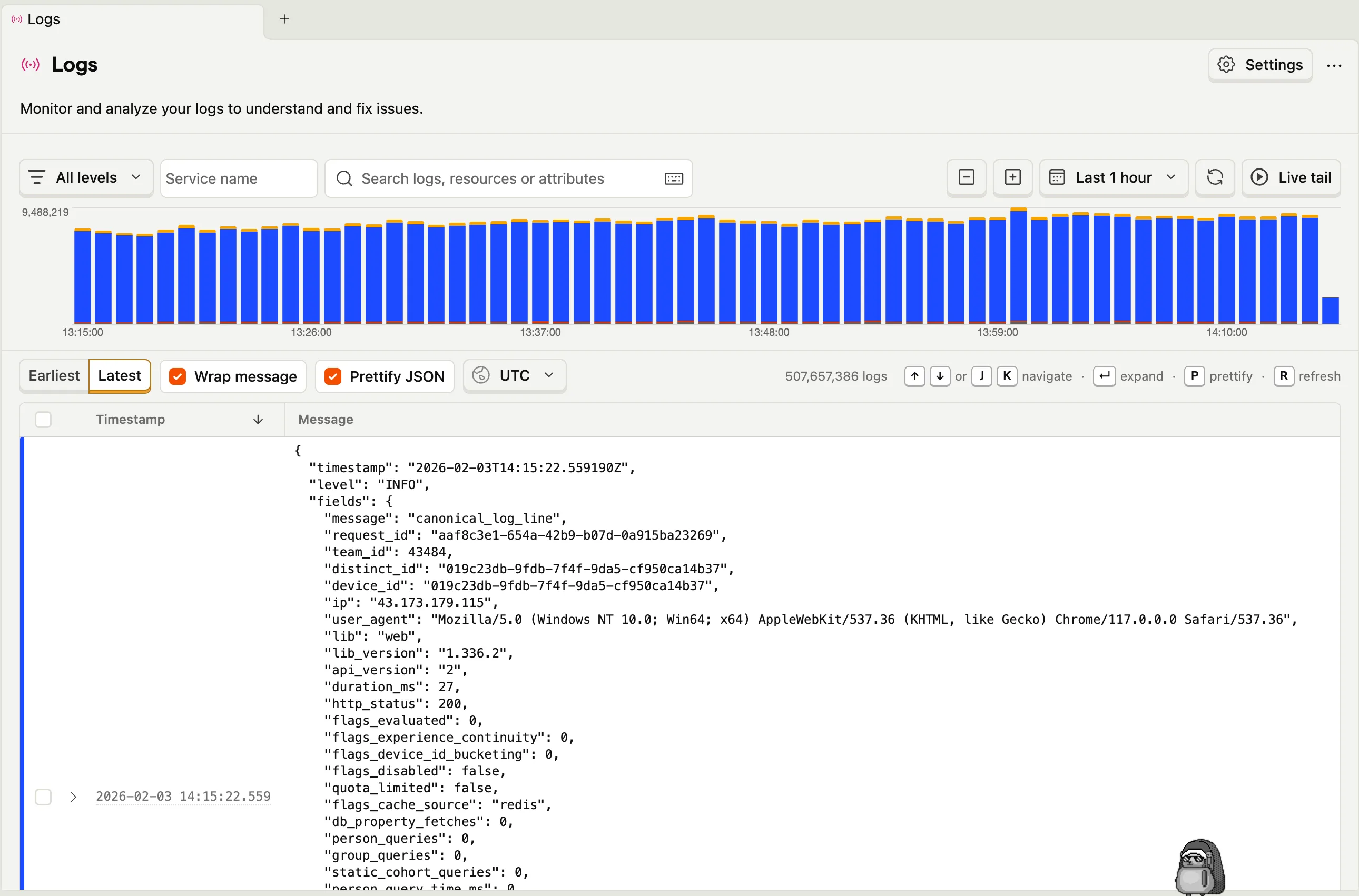 PostHog logs view with attributes expanded and a timeline view at the top