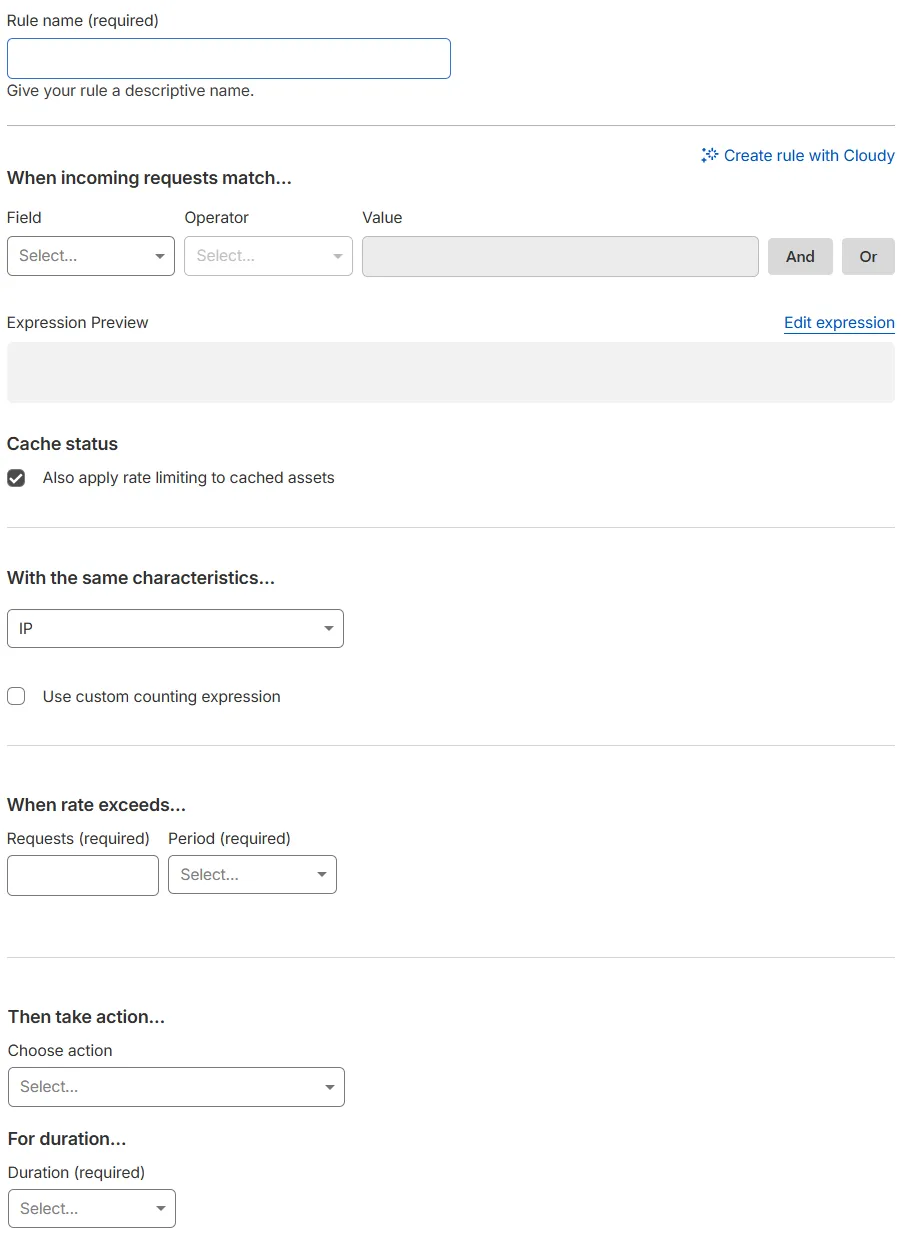 The Create rate limiting rule page in the Cloudflare dashboard