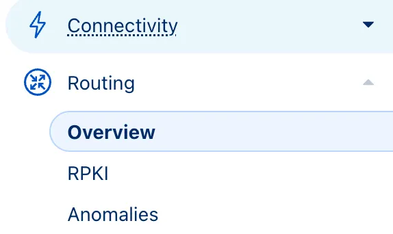 Screenshot of the routing section menu