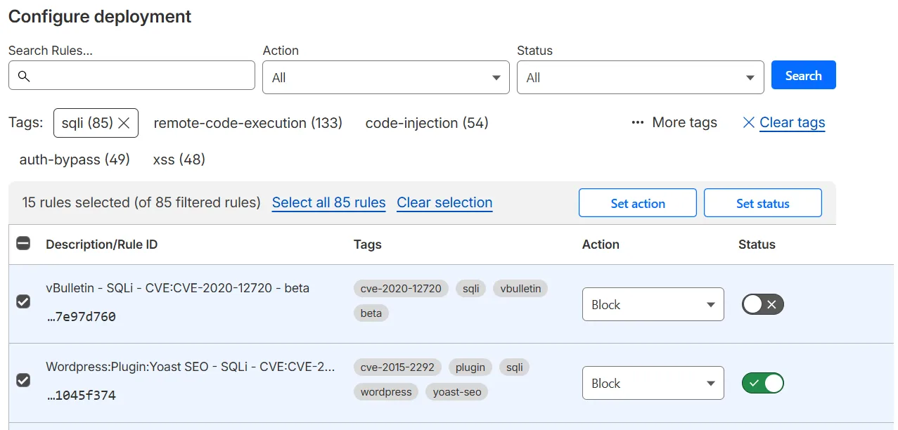 The Configure deployment page displaying selected rules with the 'sqli' tag in the Cloudflare Managed Ruleset.