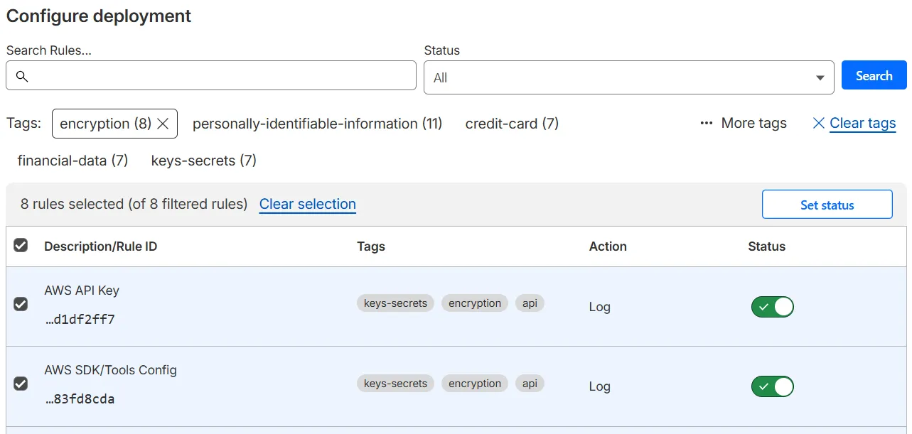 The Configure deployment page displaying selected rules with the 'encryption' tag in the Sensitive Data Detection ruleset.