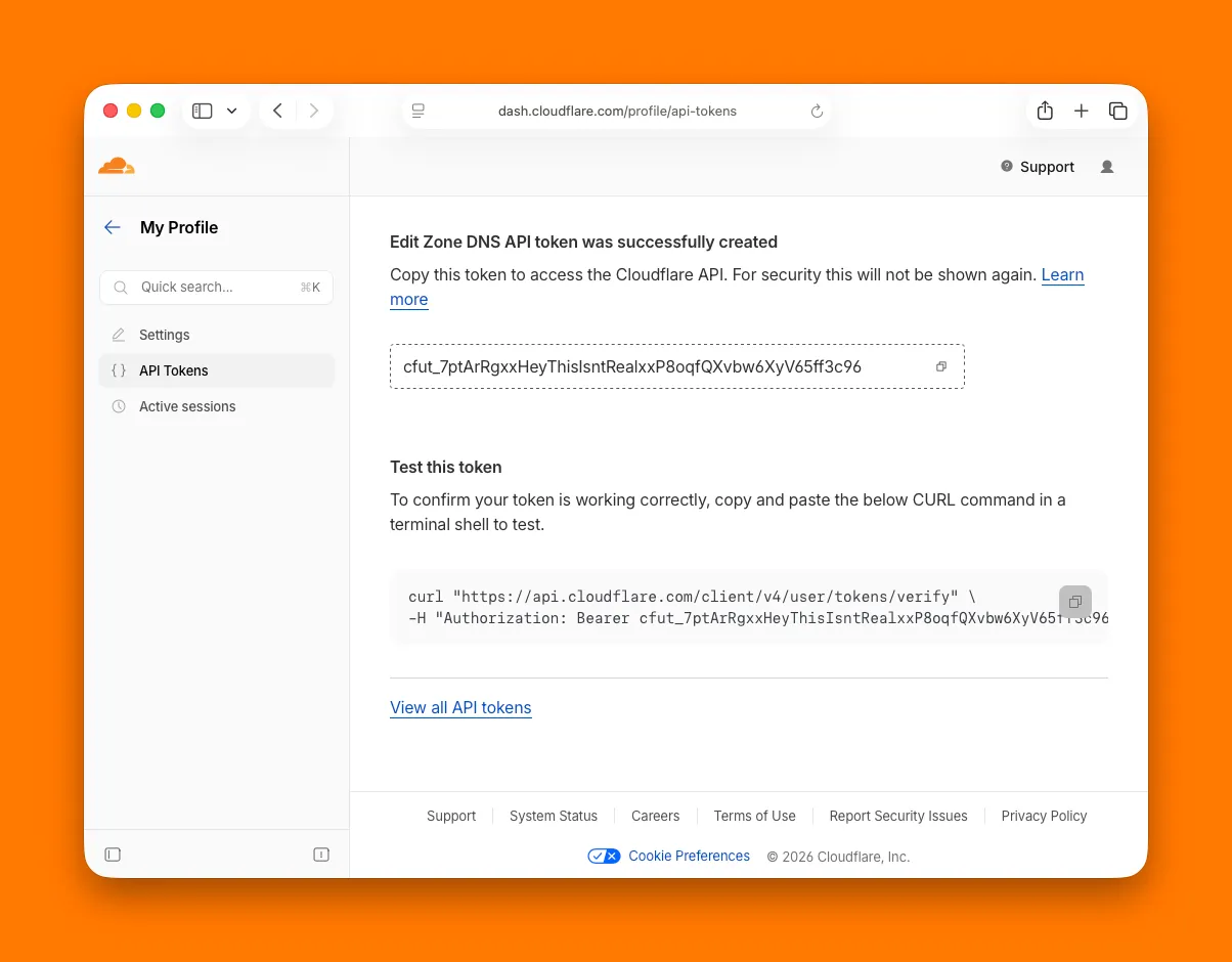 Token creation completion screen displaying your API token and the curl command to test your token