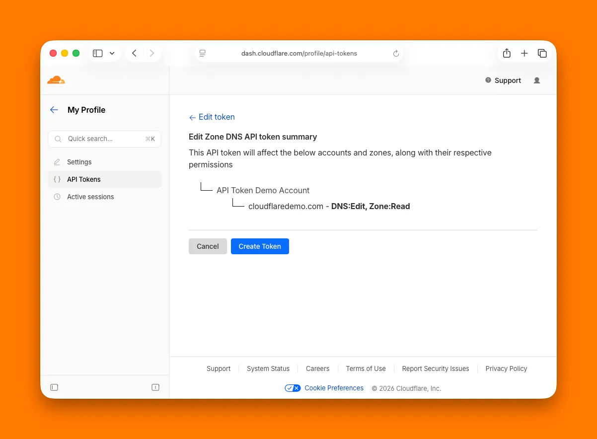 Token summary screen displaying the resources and permissions selected