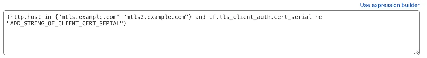 Example expression of a WAF Custom Rule to associate a serial number with a hostname