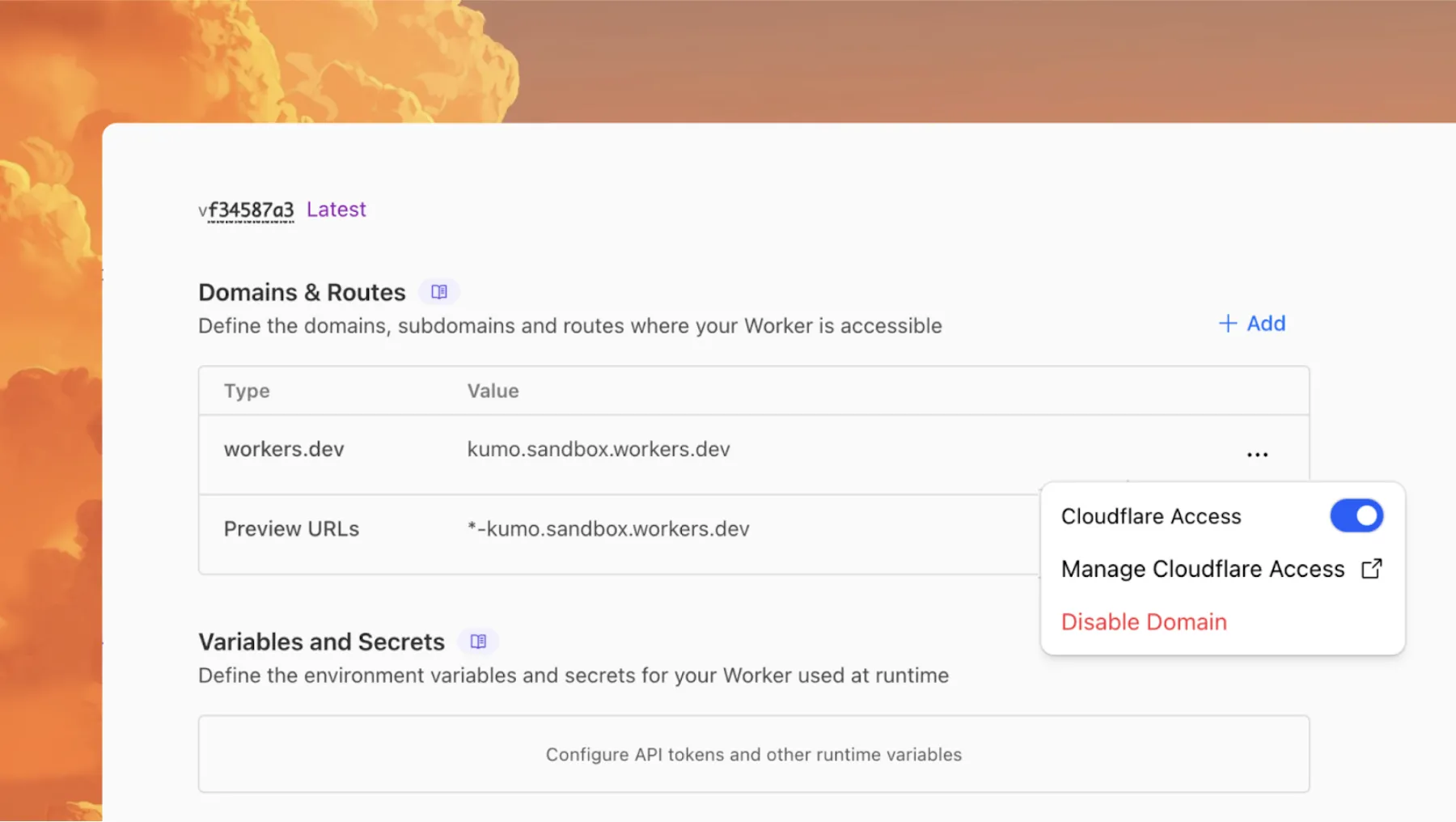 Screenshot of the Enable/Disable Cloudflare Access button on the workers.dev route settings page