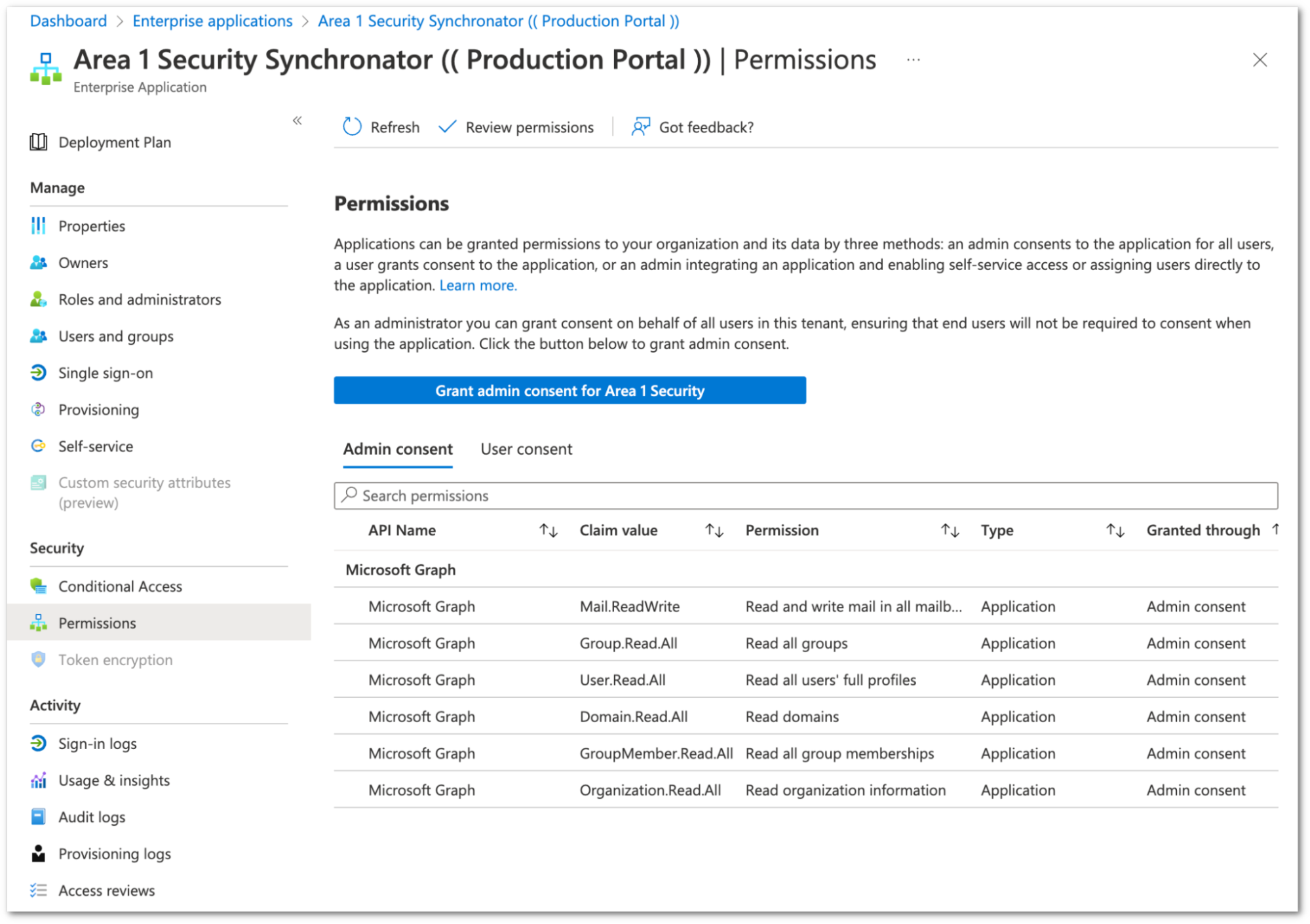 Permissions required for Area 1 to access Office 365