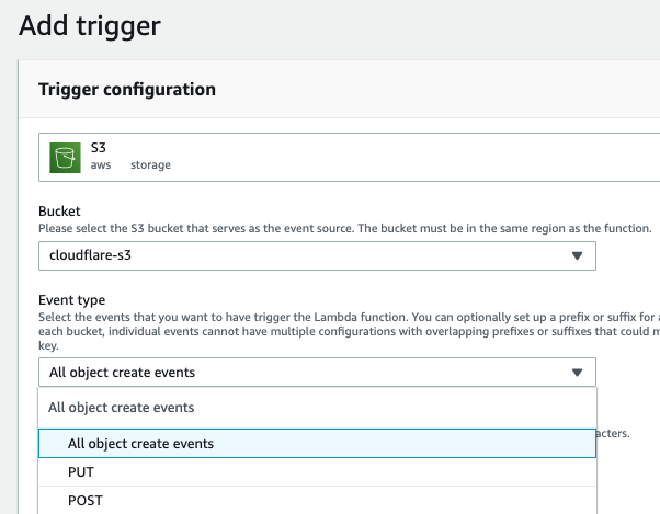 Add trigger dialog with an example AWS S3 Trigger