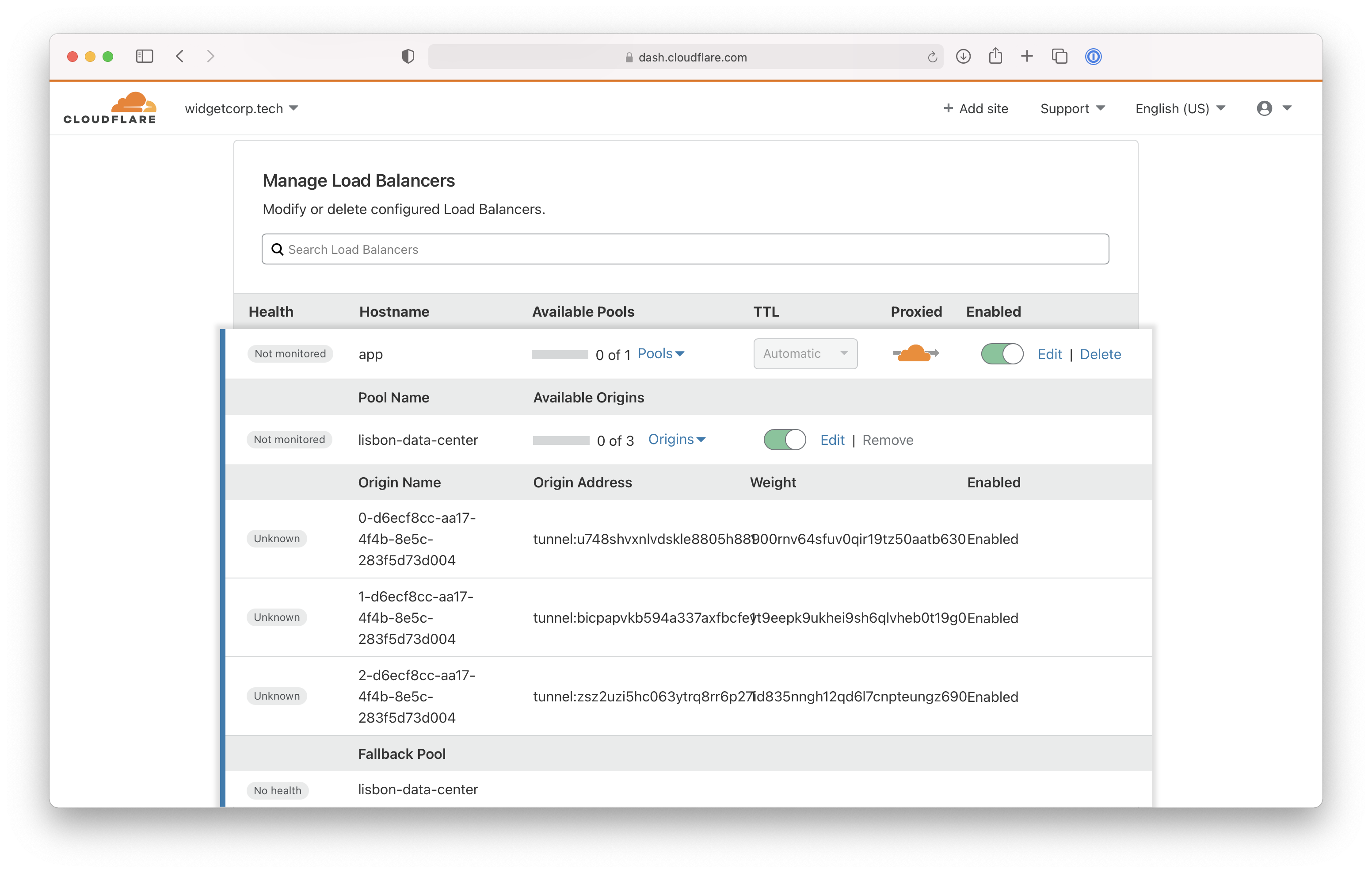 Cloudflare dashboard screen that shows how to modify existing load balancers