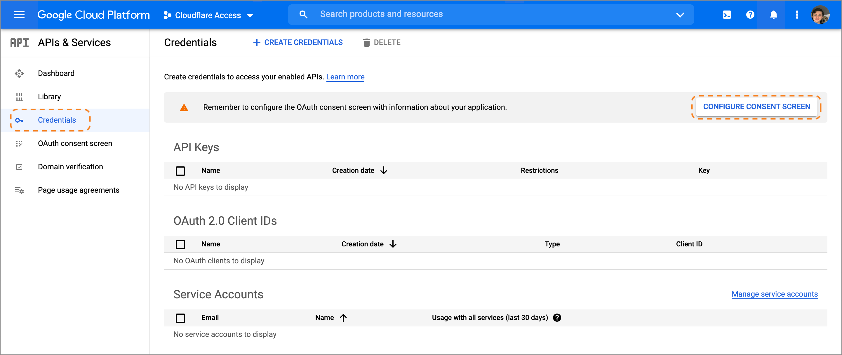 Location of credential settings at the top of the Google Cloud Platform dashboard.