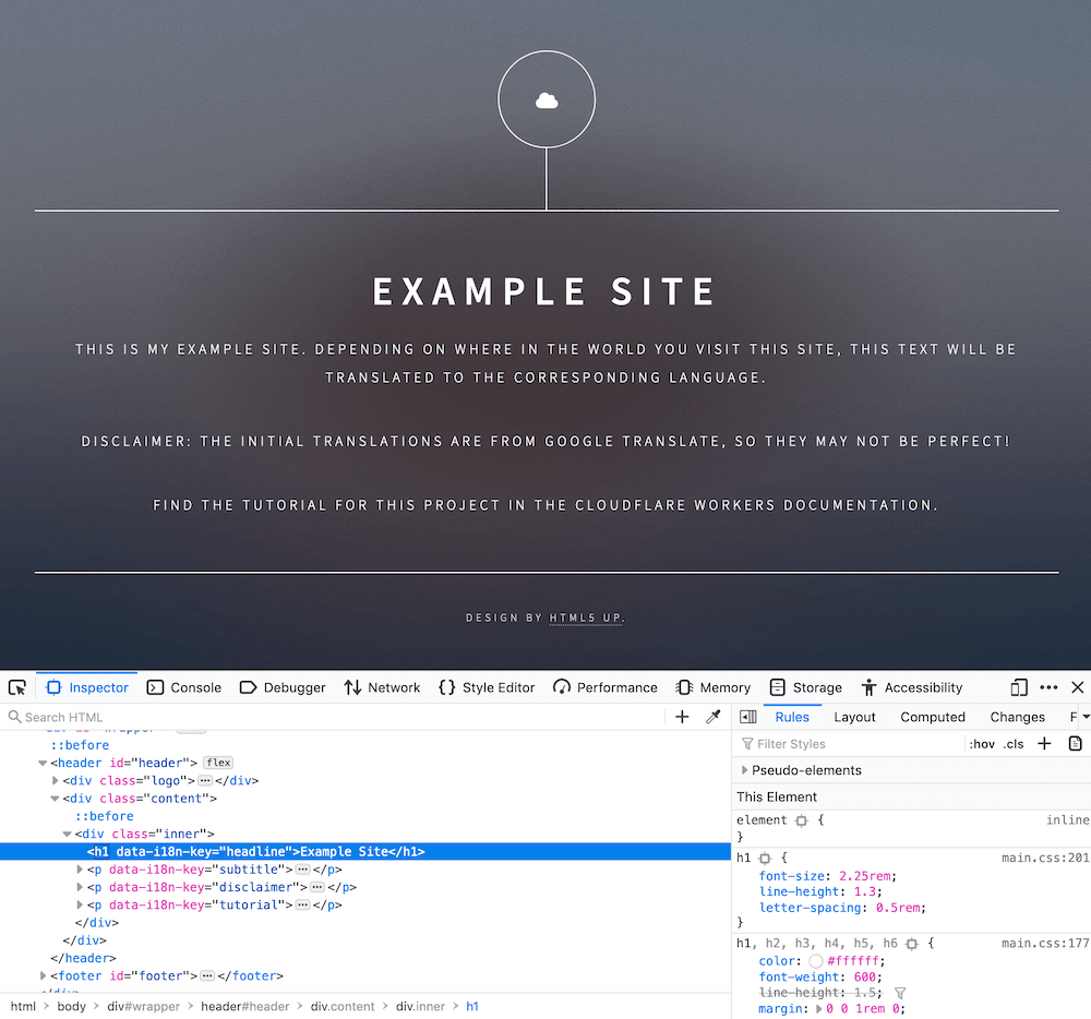 Demo code shown in Chrome DevTools with the elements described above