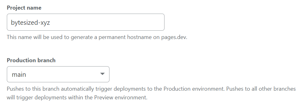 Set up builds and deployments page with Project name and Production branch filled in