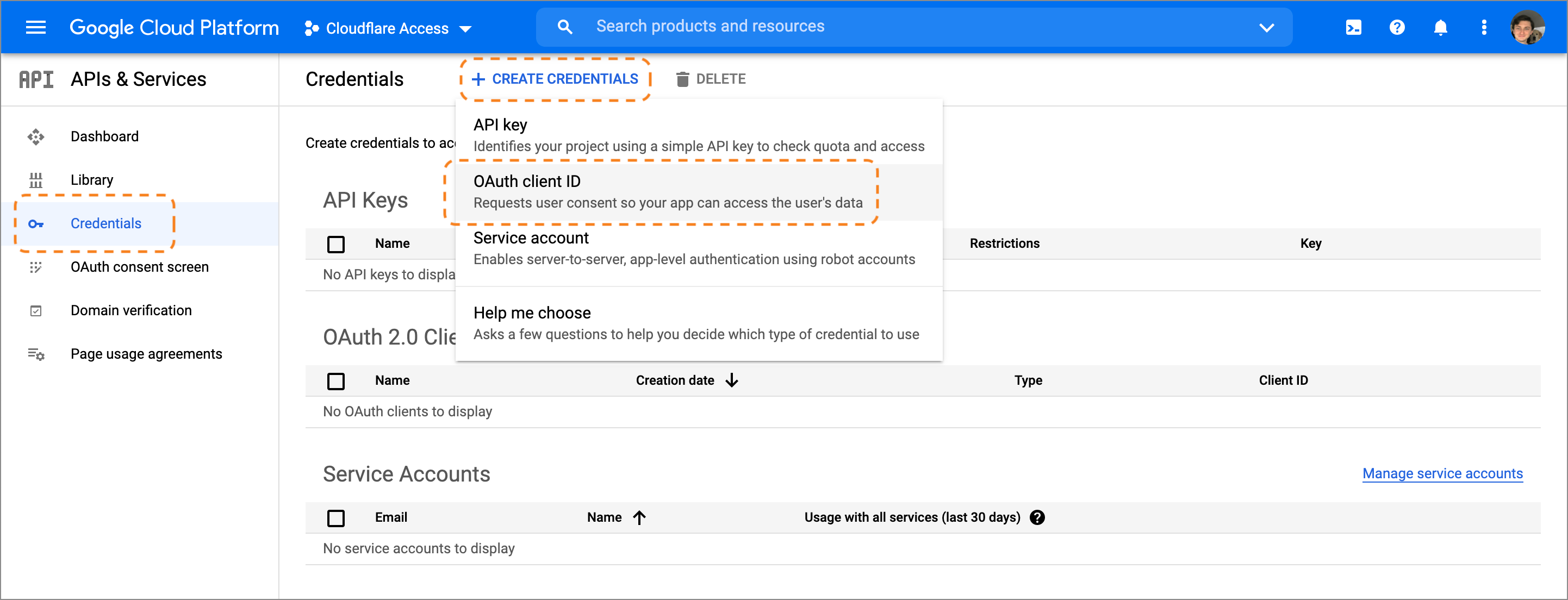 Location of OAuth client ID settings on Google Cloud Platform credentials page.