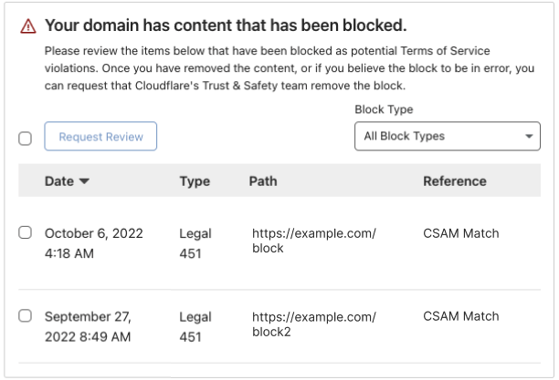 Example error message for a domain with blocked content.