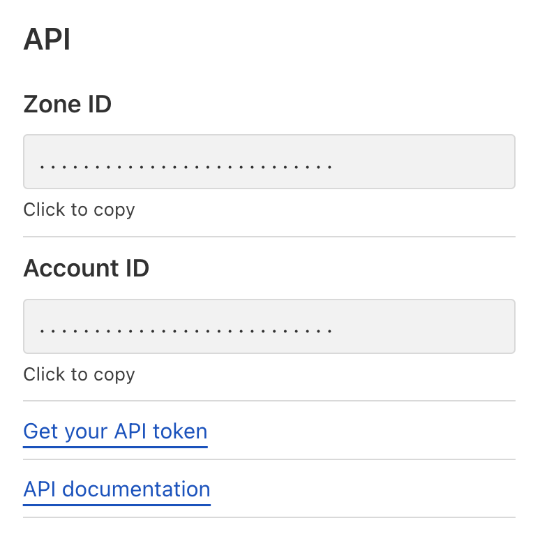 Screenshot of the API section on the Overview page of a zone