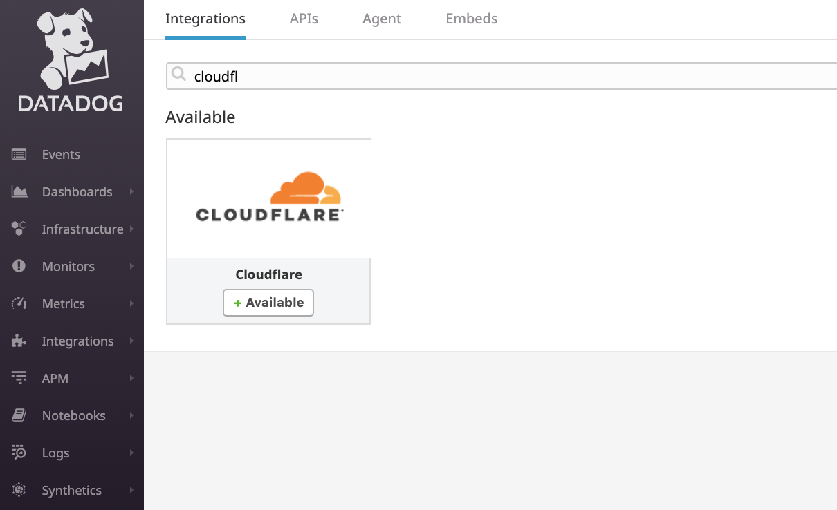 Searching for Cloudflare App in the Datadog Integrations tab