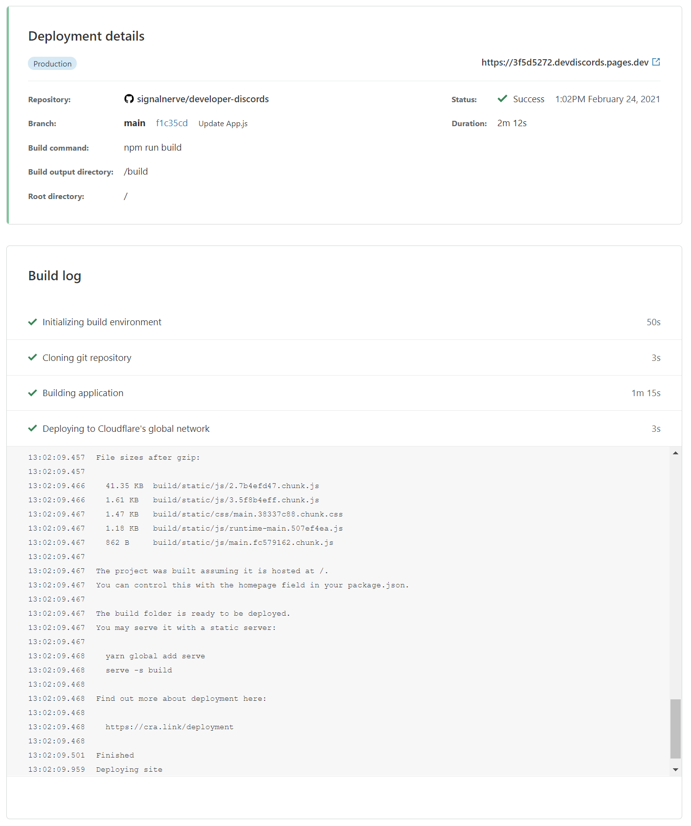 Deployment details in the Cloudflare dashboard