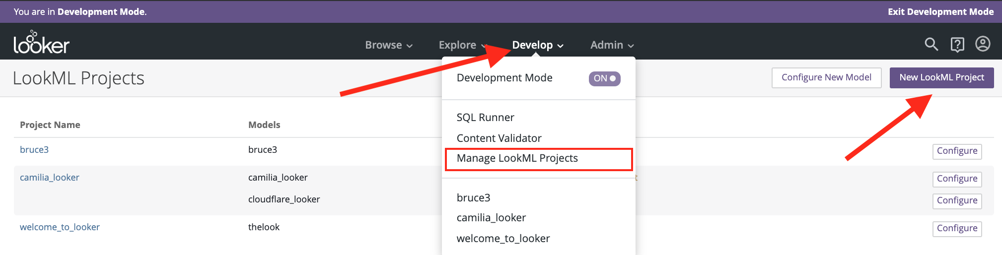 LookML projects page highlighting Develop menu and Manage LookML Projects and New LookML Project options
