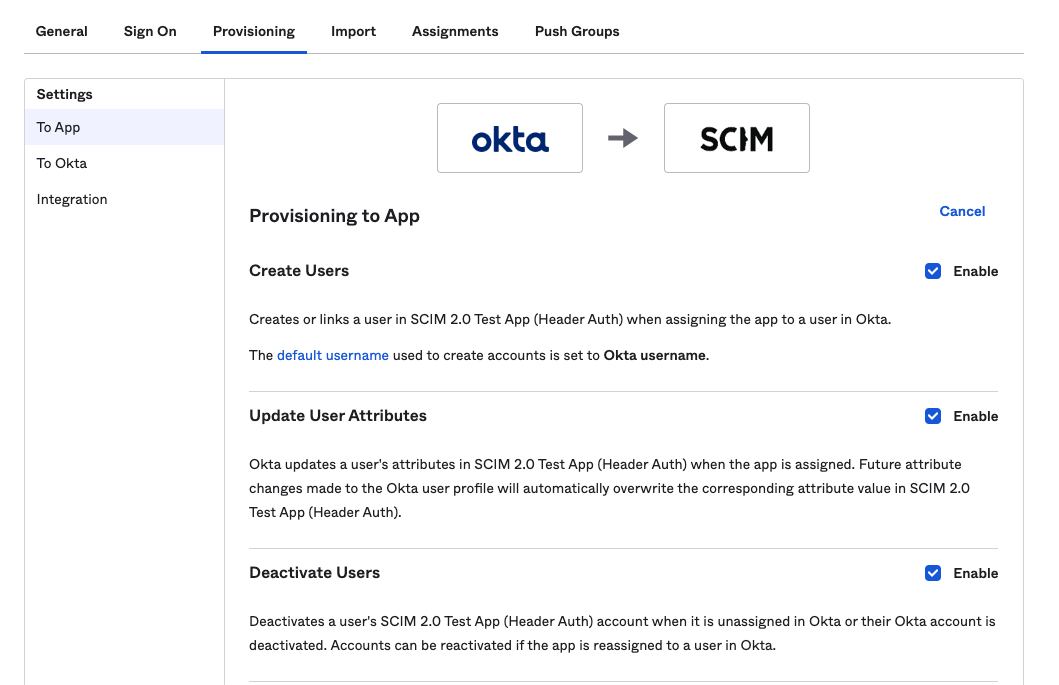 Configure provisioning settings in Okta