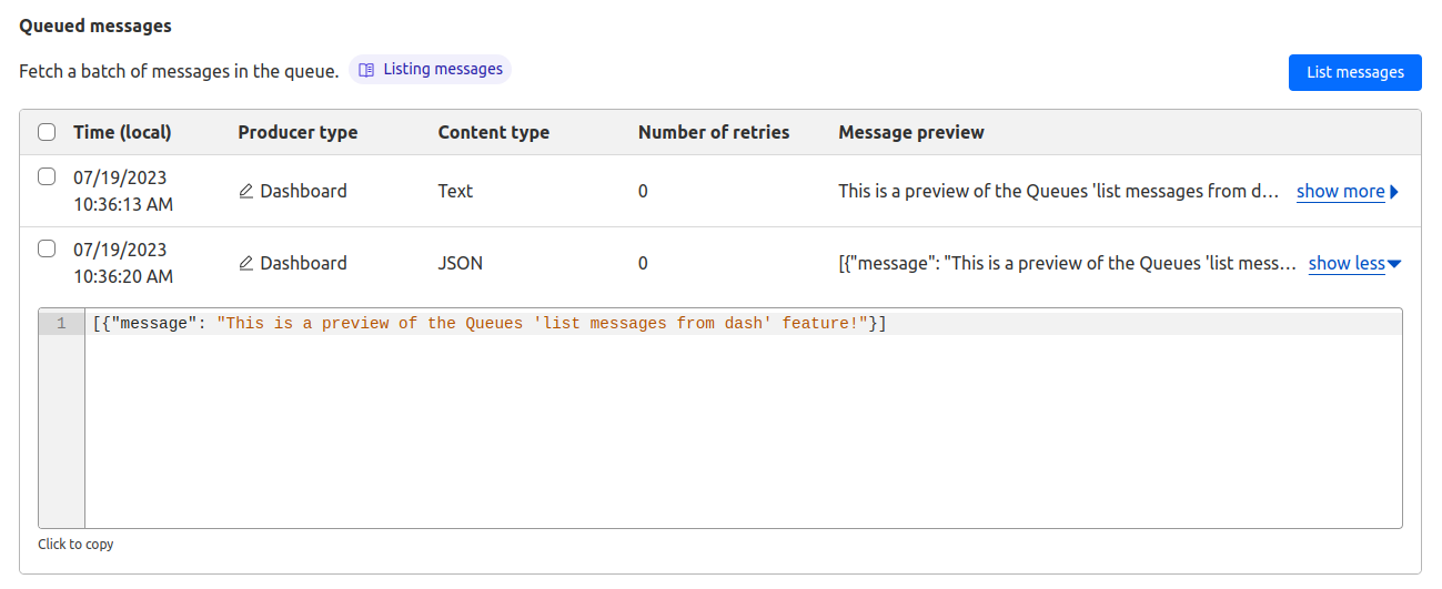 A table showing two previewed messages, one text and one JSON, both with some placeholder text