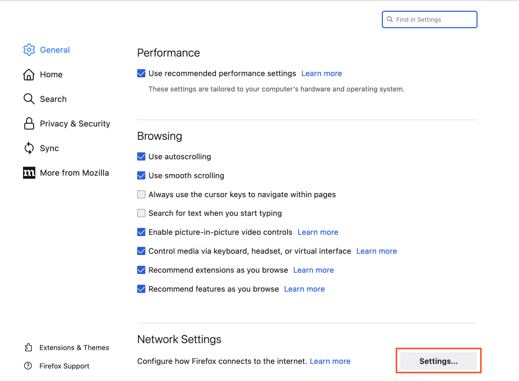 Going to Network Settings menu in Firefox