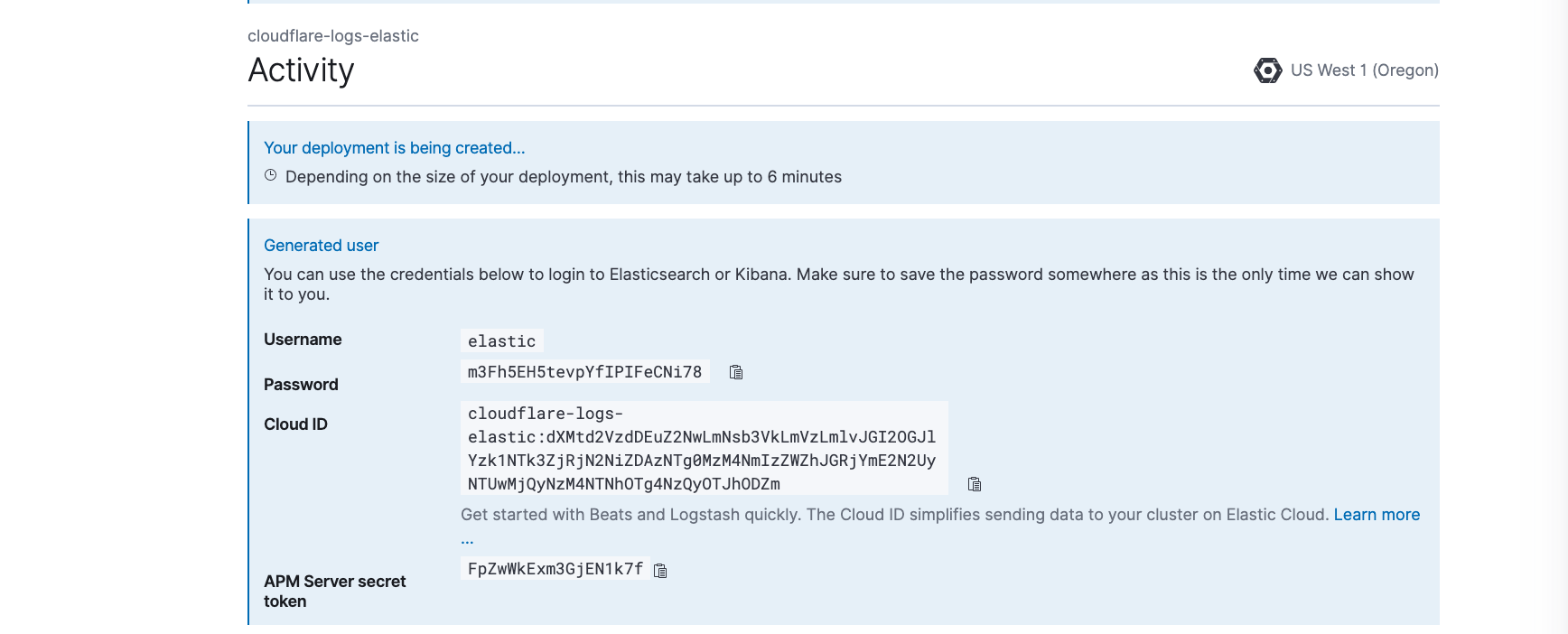 Details of the user created: username, password, Cloud ID and APM Server secret token